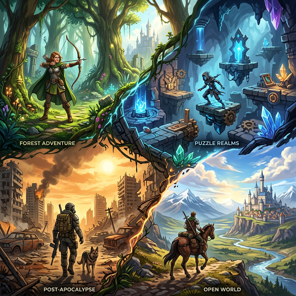 Four immersive video game genres Four distinct video game scenes: archer in a forest, character in a puzzle cave, survivor in a ruined city, rider approaching a castle.
