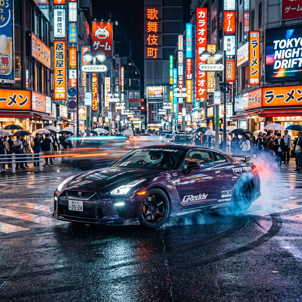 Sports car drifting on a wet city street at night with bright neon signs and crowd