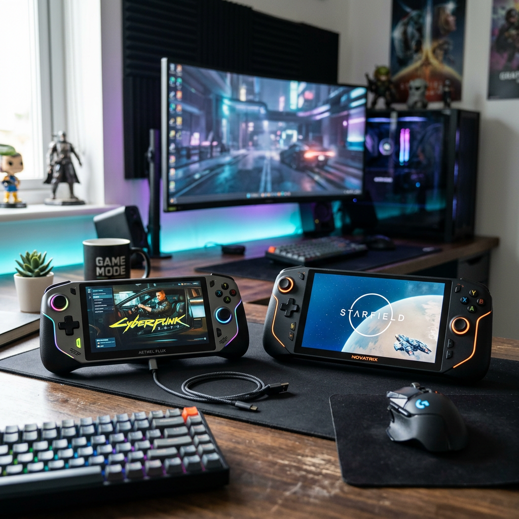 Gaming setup with handheld consoles and PC Two handheld gaming consoles displaying Cyberpunk 2077 and Starfield on a desk with keyboard, mouse, and PC setup.